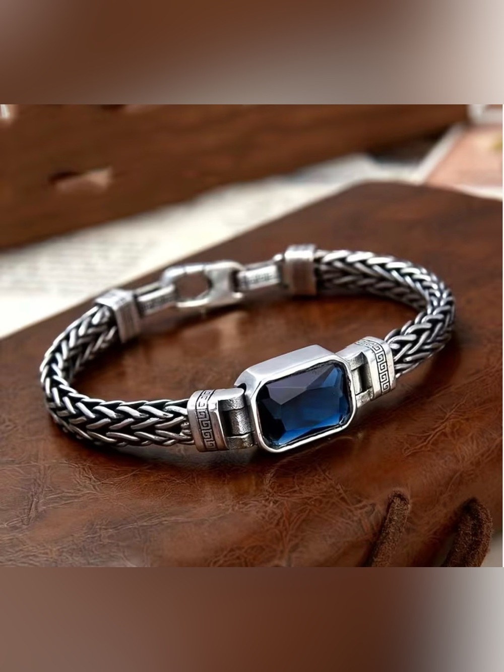 Men's Braided Bracelet with Deep Blue Stone